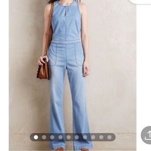 Anthropologie hei hei Chambray Utility Jumpsuit cutout flare wide long legs ASIS